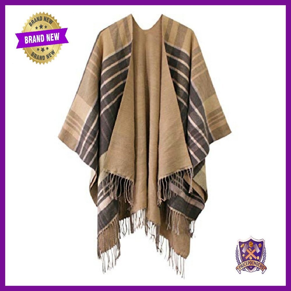 Oversized Winter Poncho Cape Shawl Wrap Cardigan Coat Tassel Hem - Picture 2 of 8